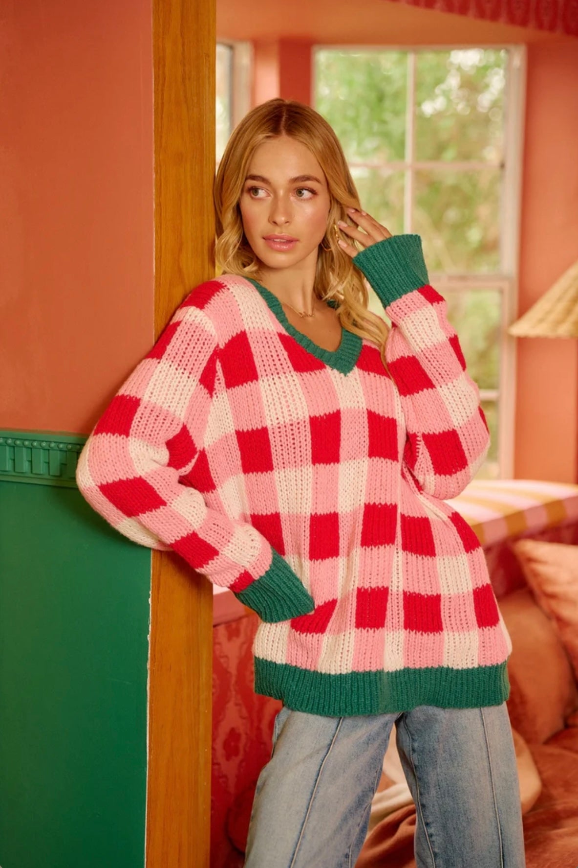 IT4786H-02 CHRISTMAS THEME CHECKER BOARD SWEATER TOP