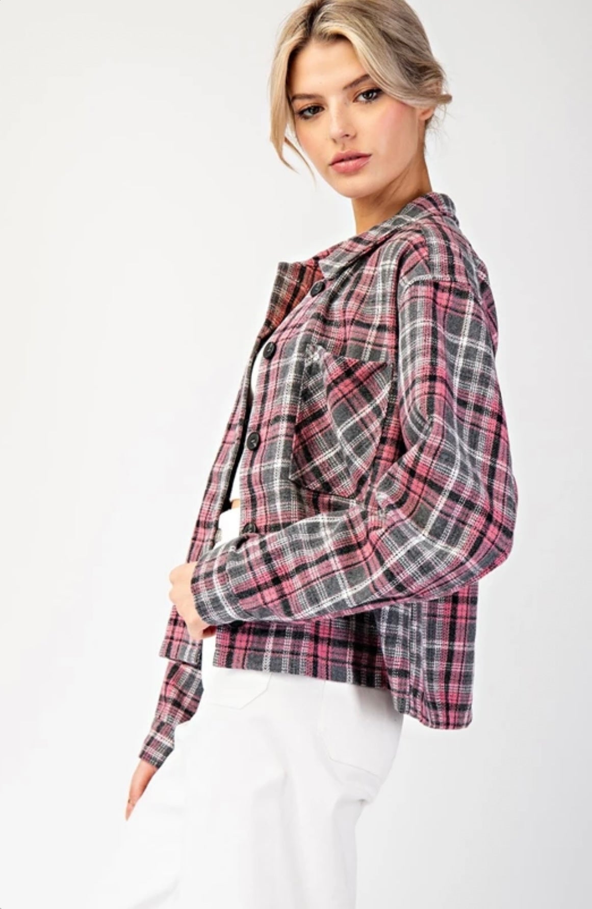 JK9095 MULTI-COLOR PLAID BUTTON DOWN SHACKET