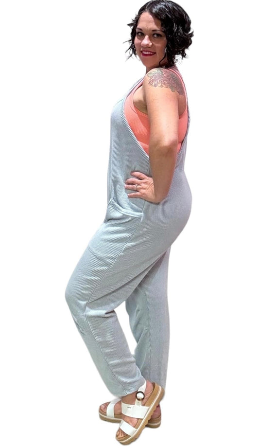 WMJ3264A Wave Ribbed Sleeveless Jumpsuit with Pockets
