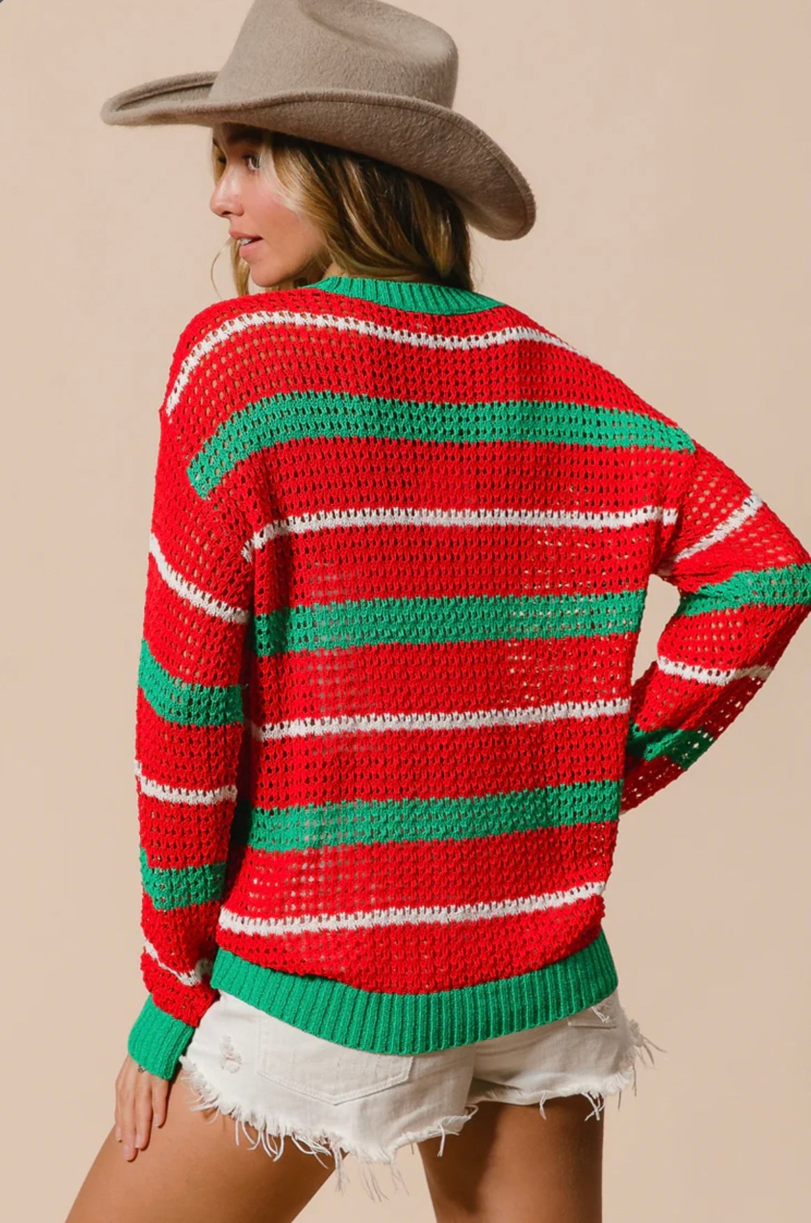 IT2456-01 CHRISTMAS STRIPES POINTELLE SWEATER