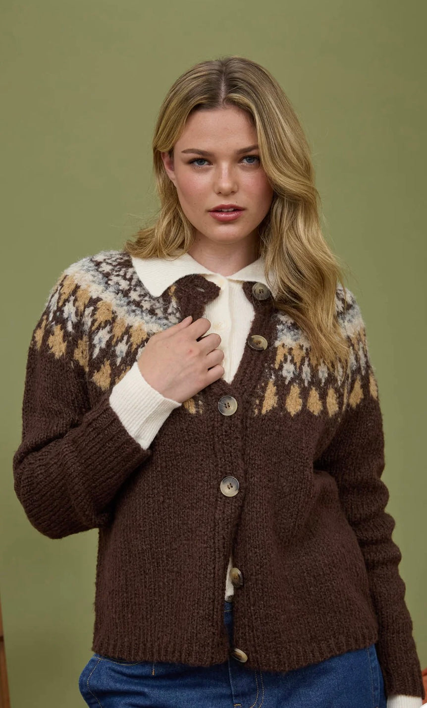B5FJ1004 FAIR ISLE PATTERN LONG SLEEVE KNIT CARDIGAN