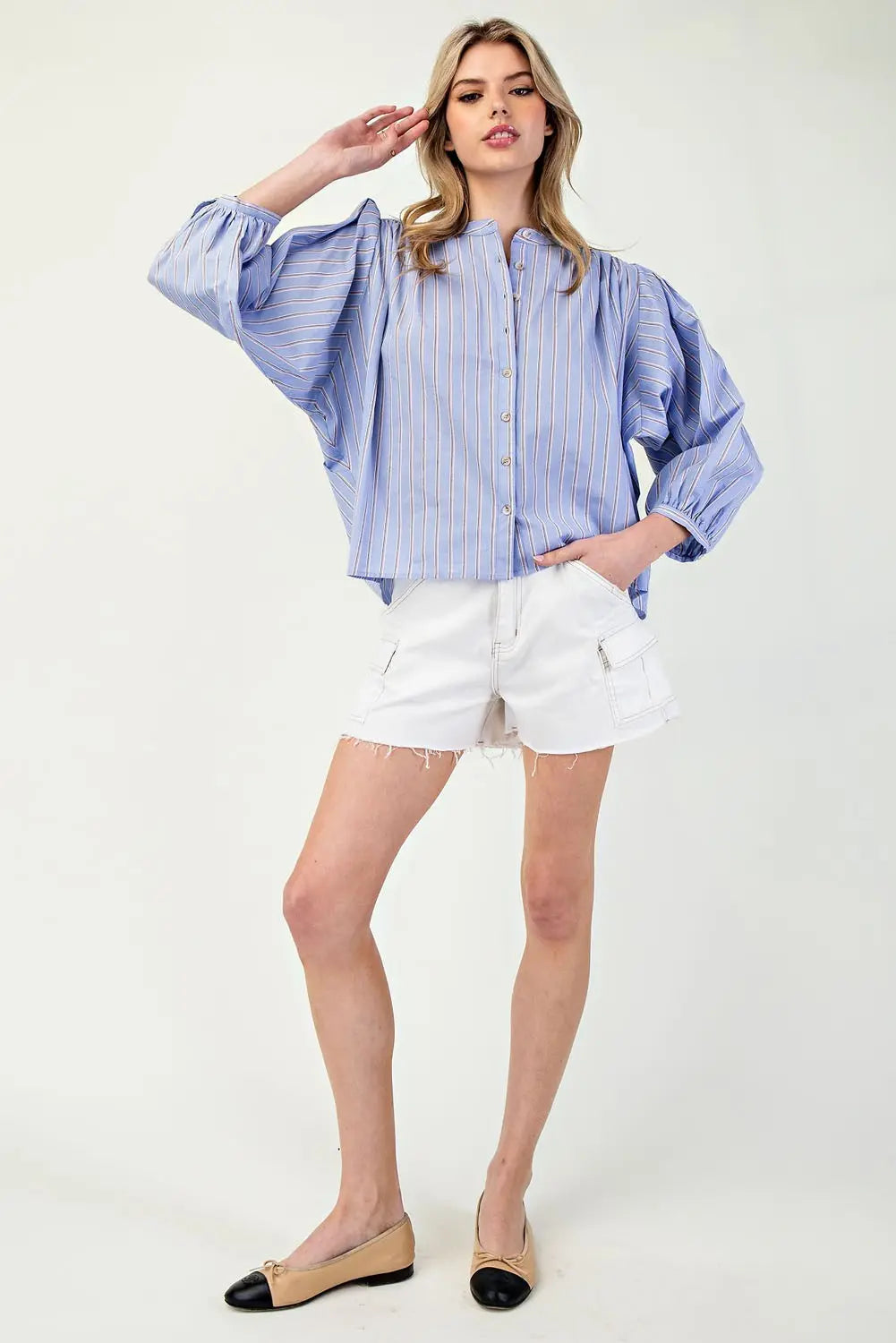 K11562 Striped 3/4 Sleeve Button Down Shirt