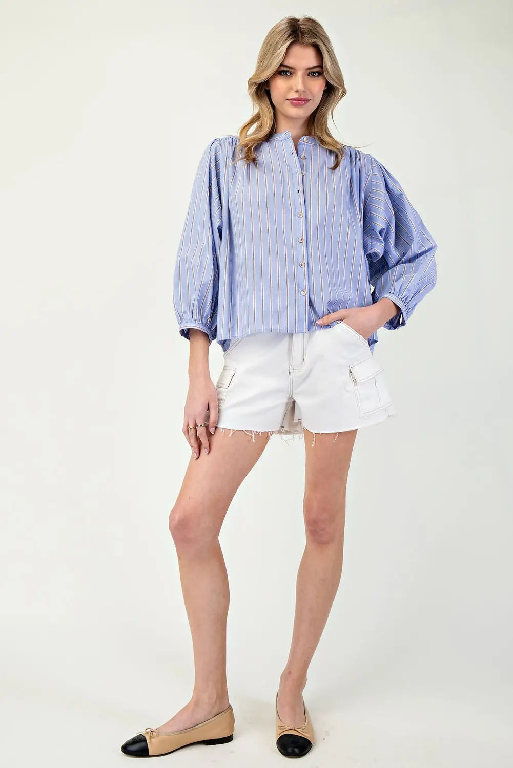 K11562 Striped 3/4 Sleeve Button Down Shirt