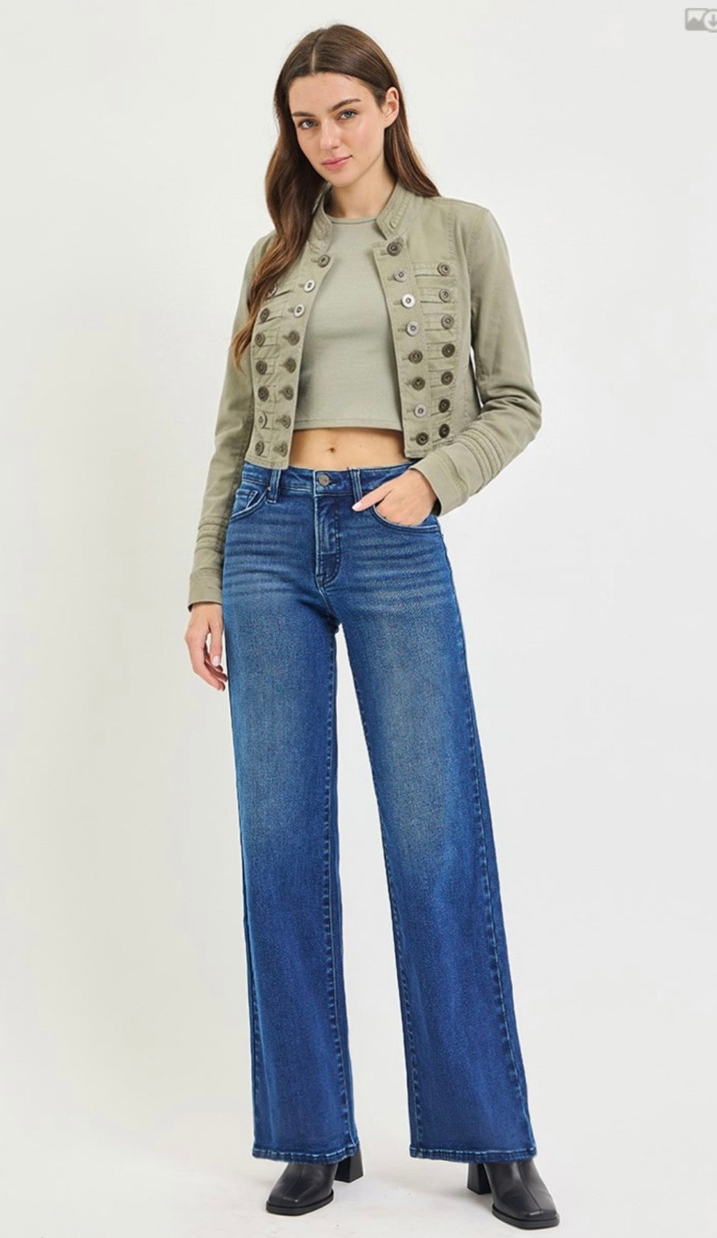 Risen Jeans-High Rise Wide Leg Jeans with Tummy Control and Shield Shaped Pockets