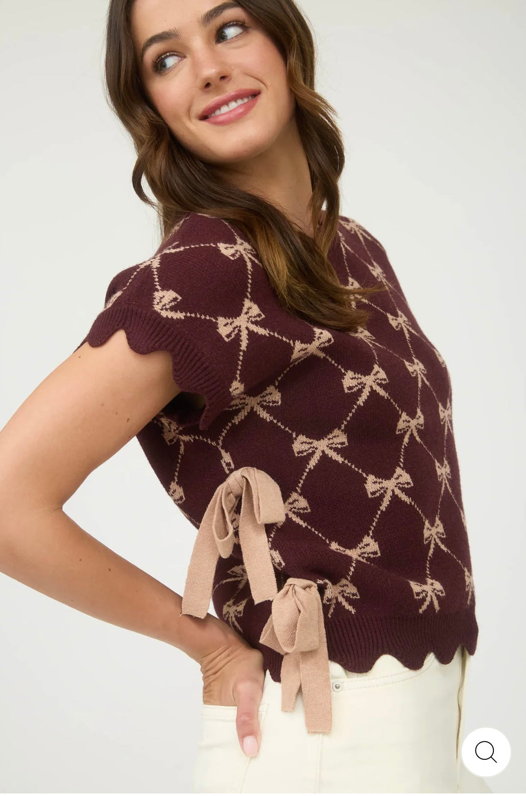 CR2592 BOW PATTERN SHORT SLEEVE SIDE TIE KNIT PULLOVER