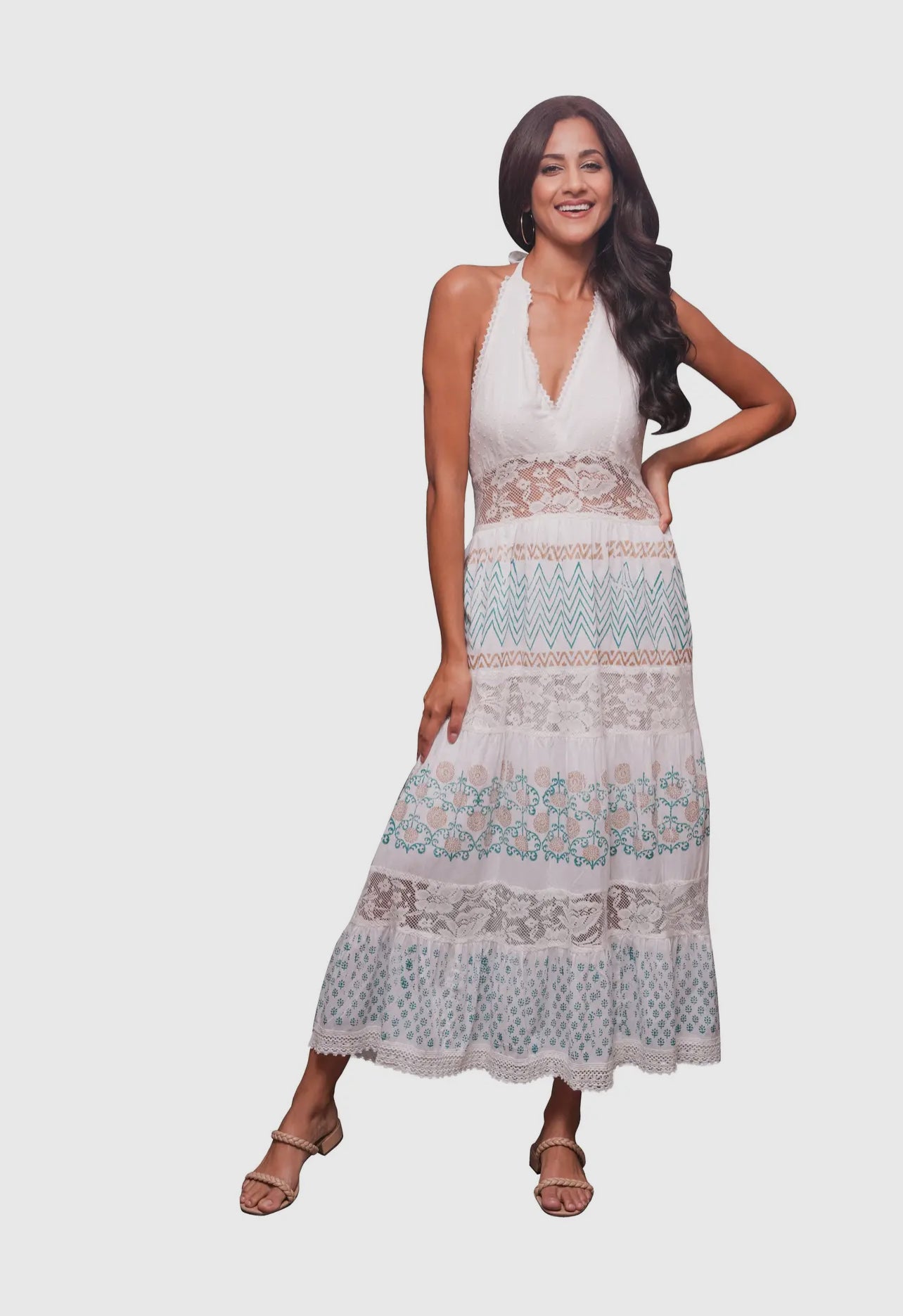 224058 Ethereal White Schiffli Maxi Dress with Lace