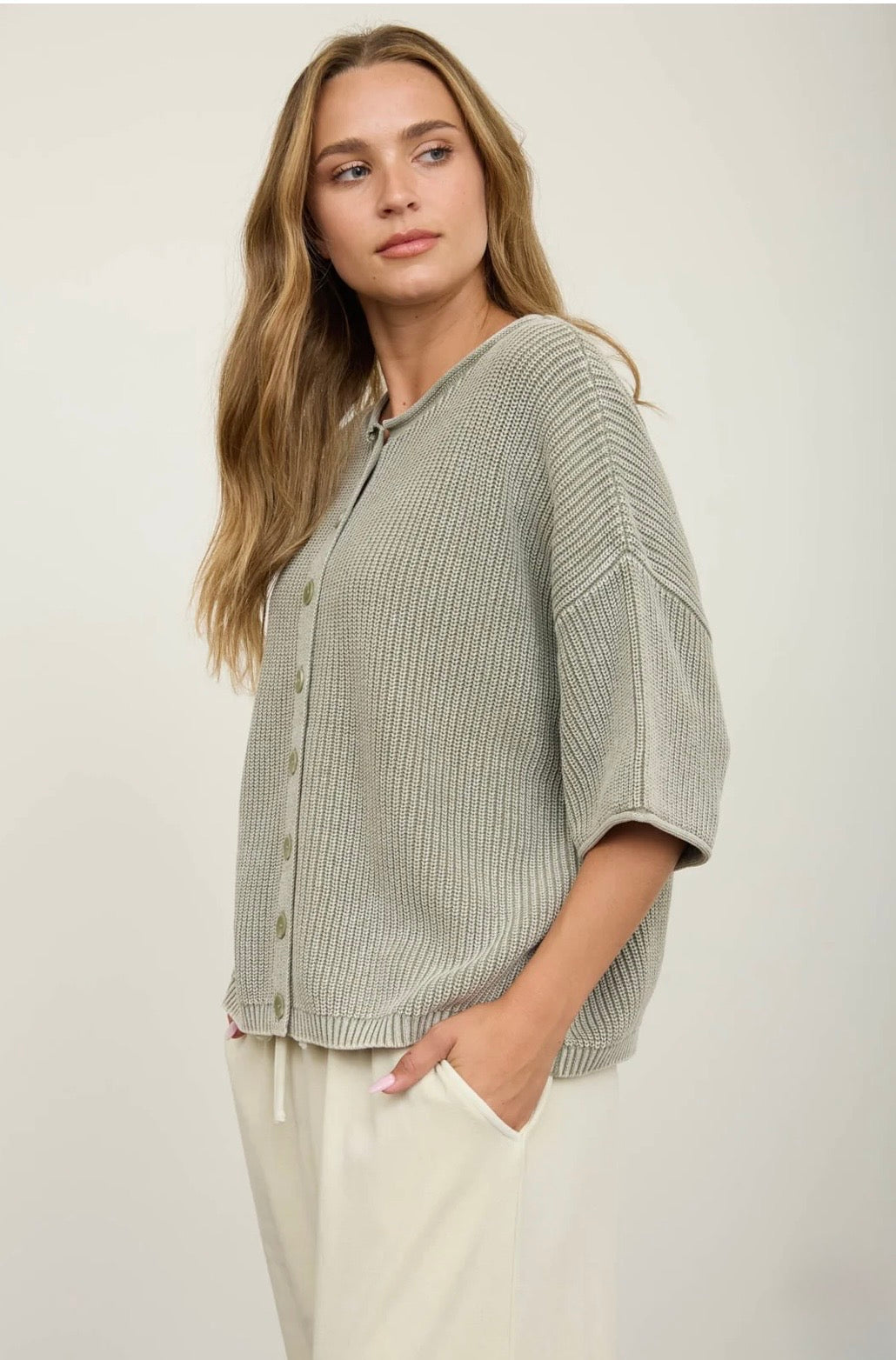 J6FT1028 WASHED RIBBED SHORT SLEEVE ROLLED EDGE CARDIGAN