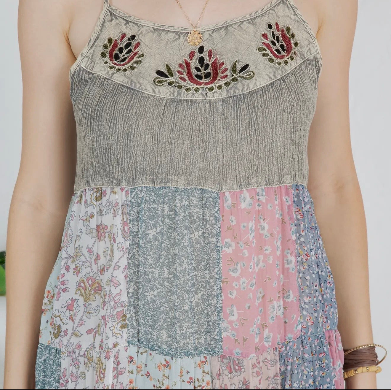 DR22210 Boho Babydoll Denim-Yoke Dress