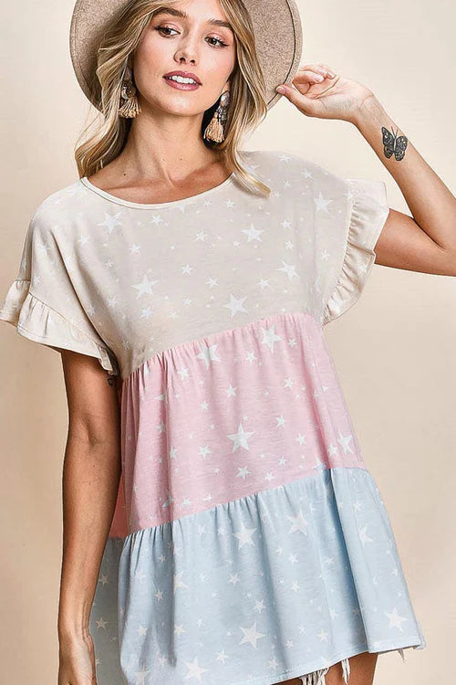 BT2373 Star Printed French Terry Color Block Tiered Top