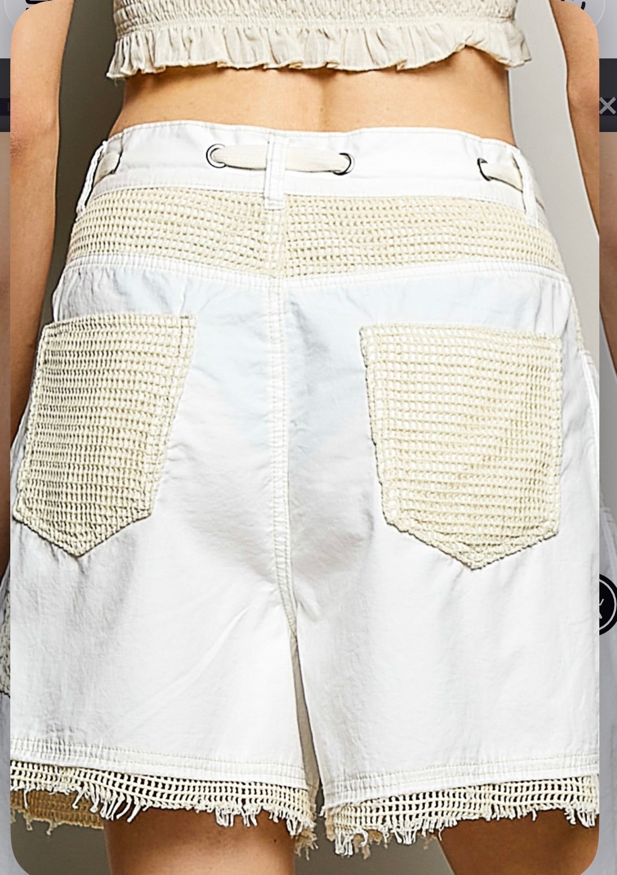 UWP152W White Wide Denim/Twill Crochet Patch Shorts