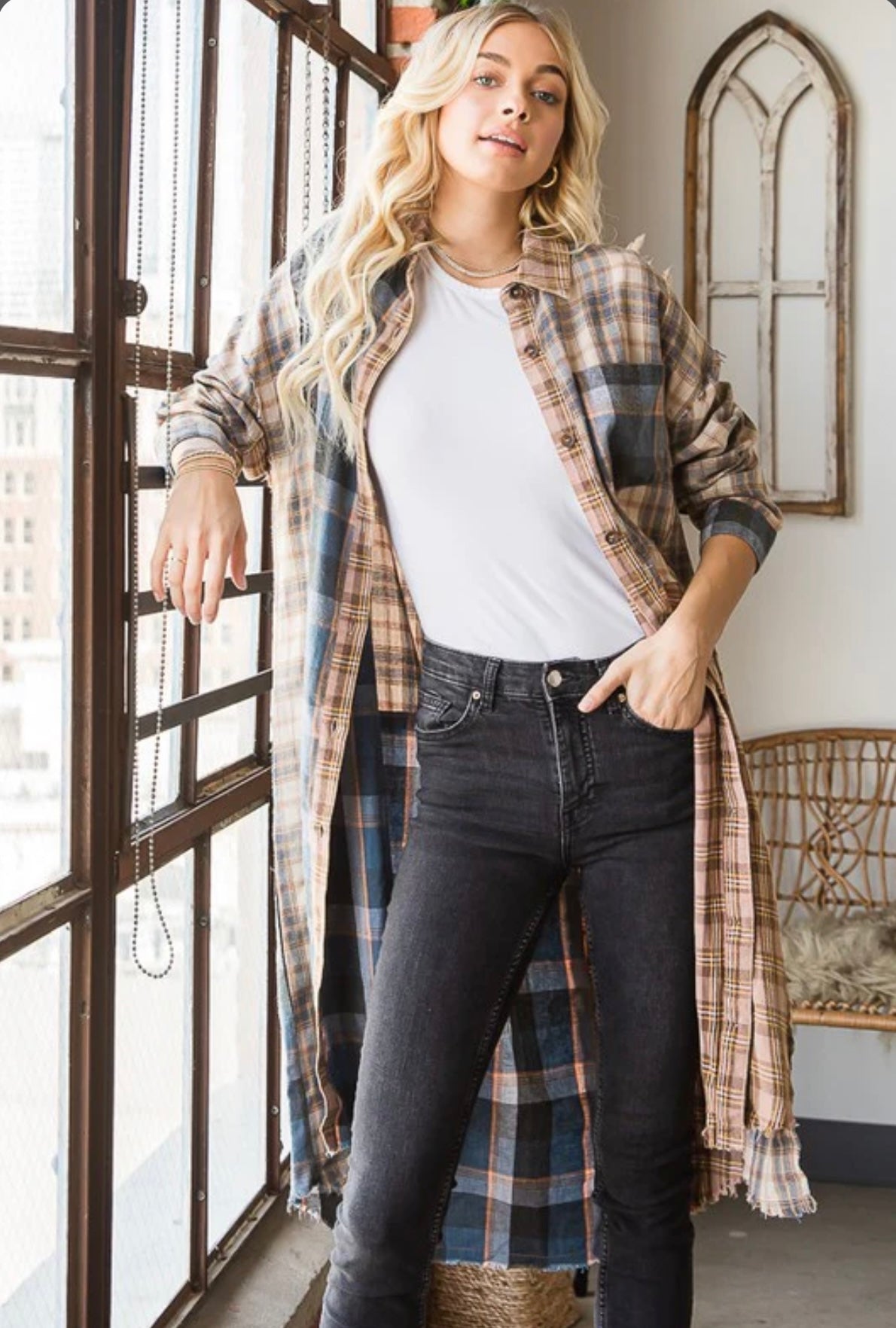 JT0004 WASHED PLAID MIXED LONGLINE SHIRT TOP
