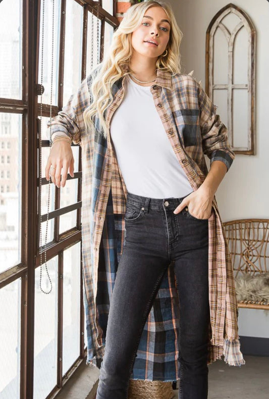 JT0004 WASHED PLAID MIXED LONGLINE SHIRT TOP