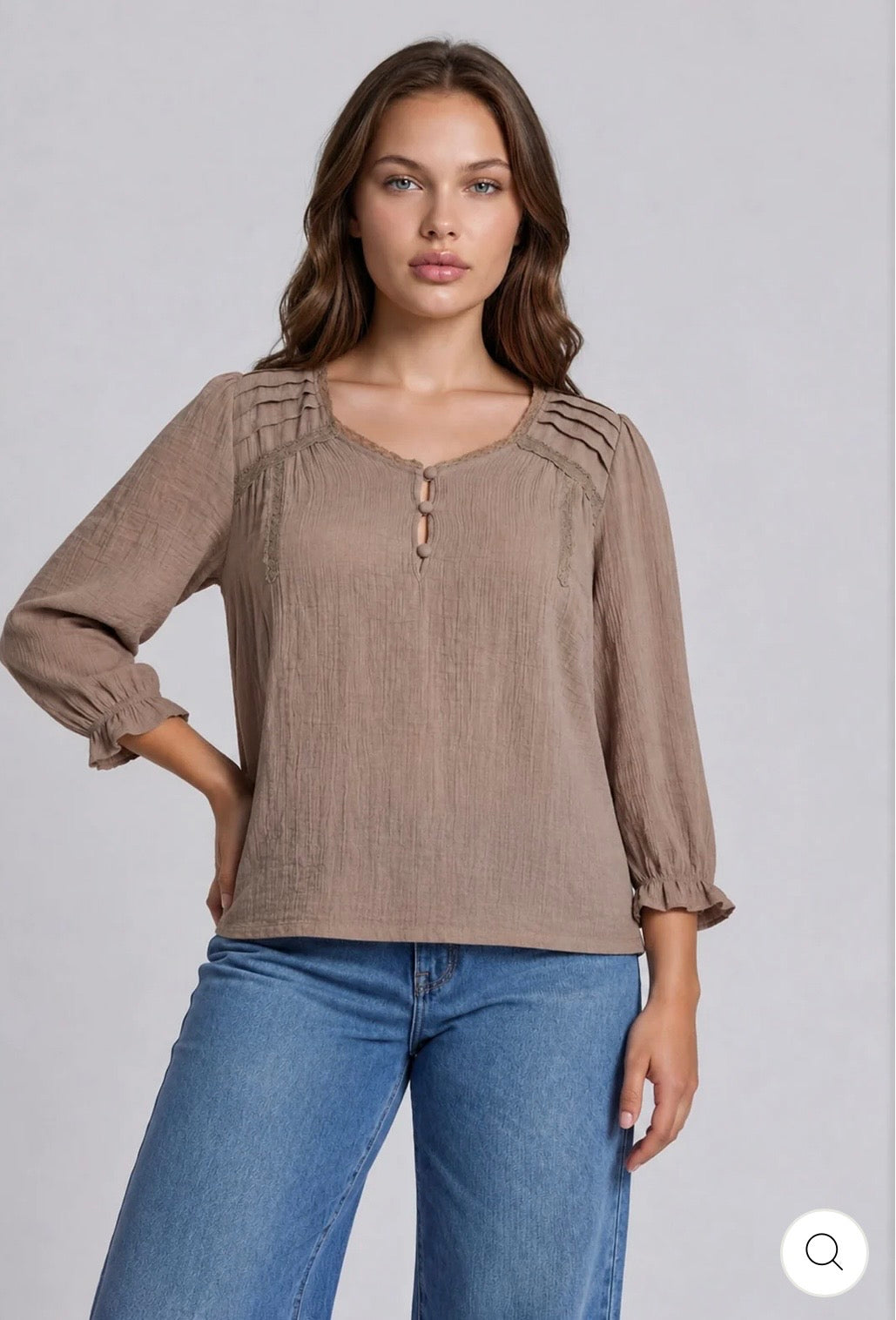 PTB9343 PLUS CROCHET TRIM V-NECK 3/4 SLEEVE HENLEY TOP