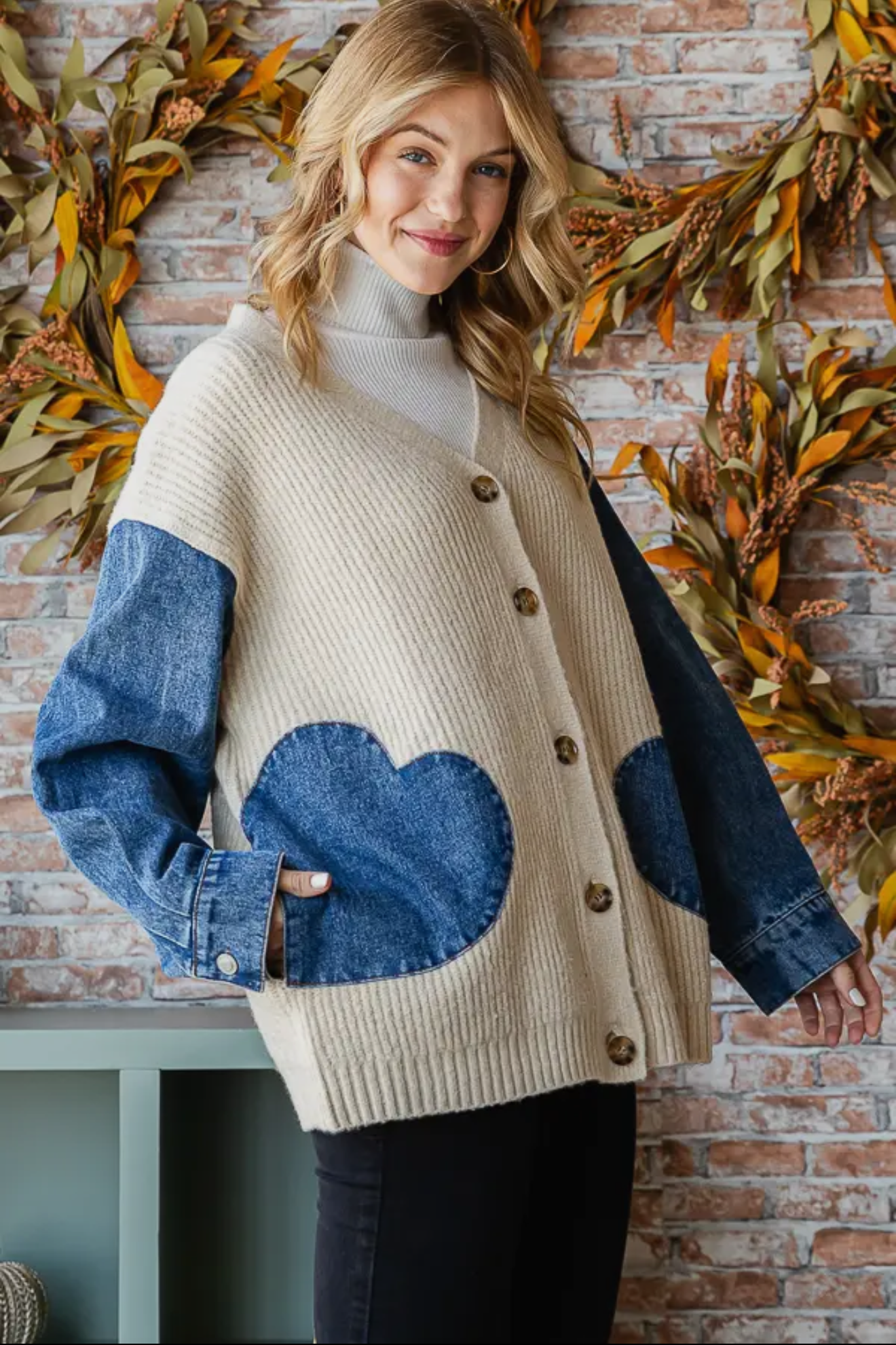 T5220 Knit Denim Contrast Heart Shaped Button Down Cardigan