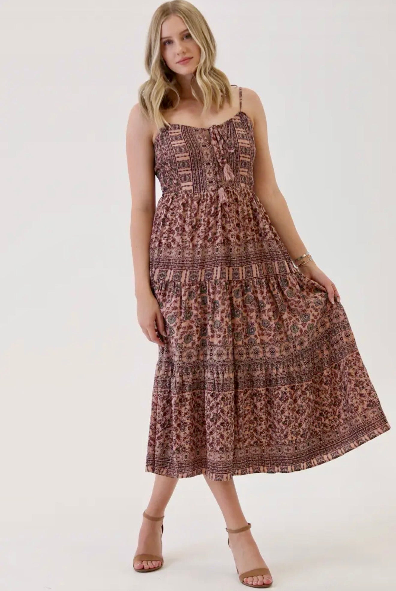 F4E88 Overdye Tie Neck Strappy Back Tiered Skirt Maxi Dress