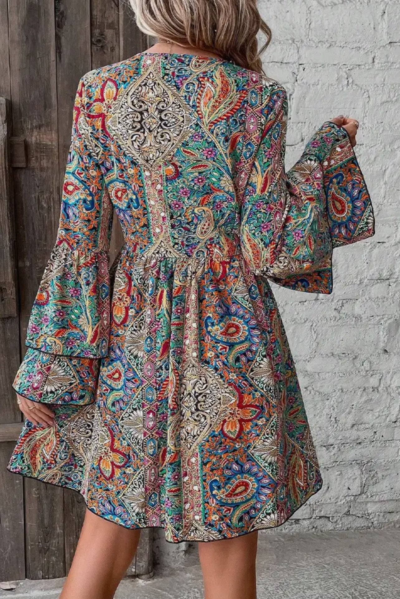 ZK1868 Summer Flare Sleeves V Neck Boho Printed Dress