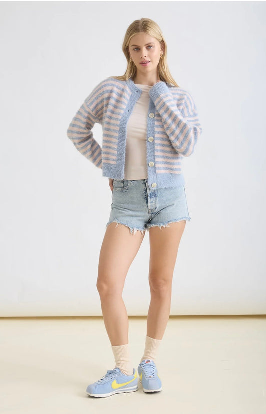 TW2085 STRIPE ROUND NECK BUTTON DOWN FUZZY KNIT CARDIGAN