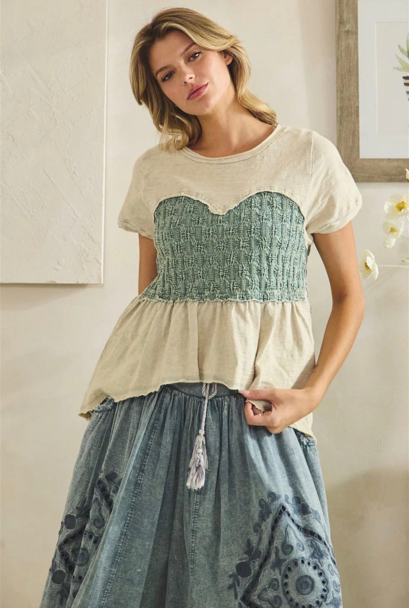 JT0979 Washed Smocked Peplum Top