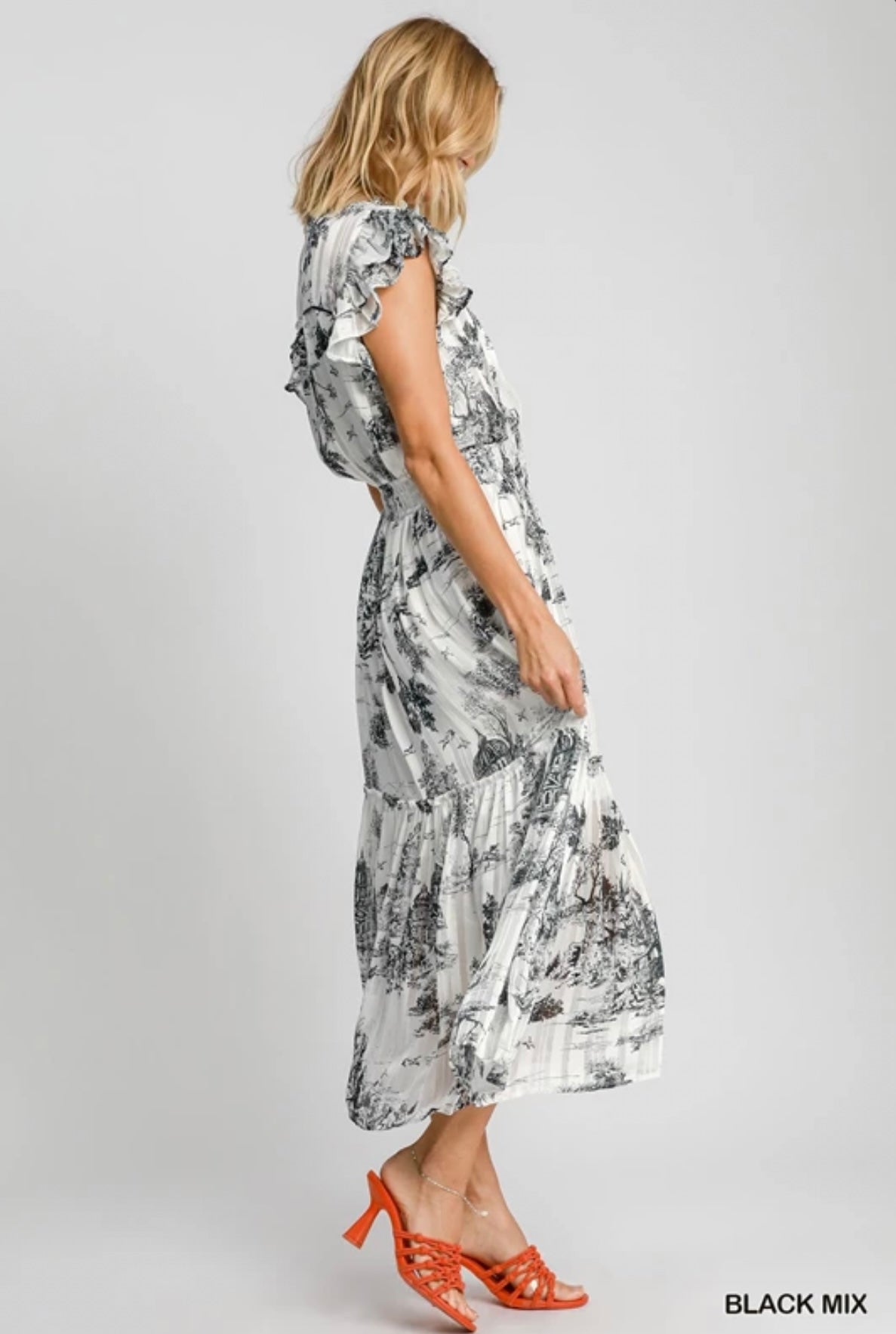 K9274 Two Tone Landscape Print Midi Dress