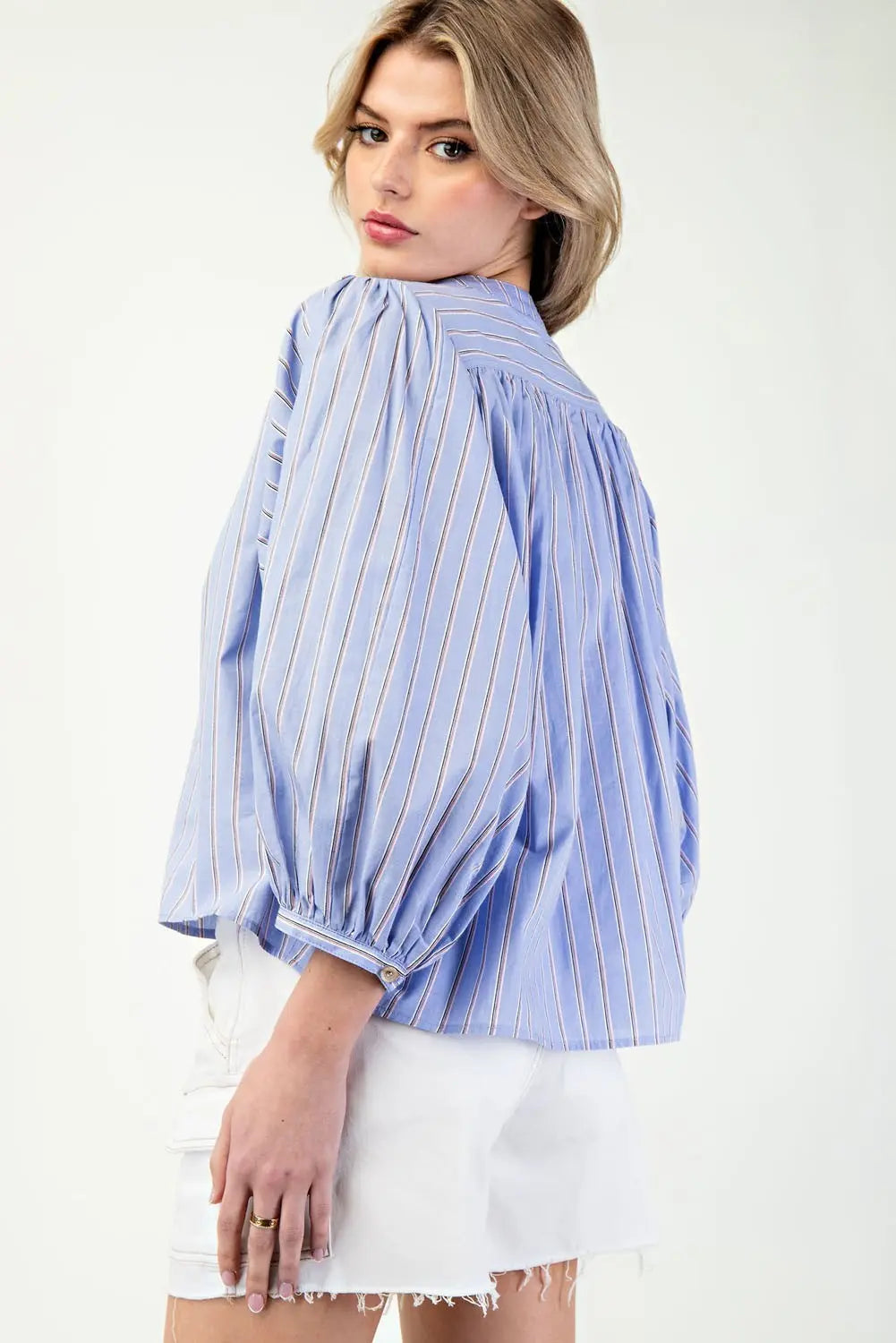 K11562 Striped 3/4 Sleeve Button Down Shirt