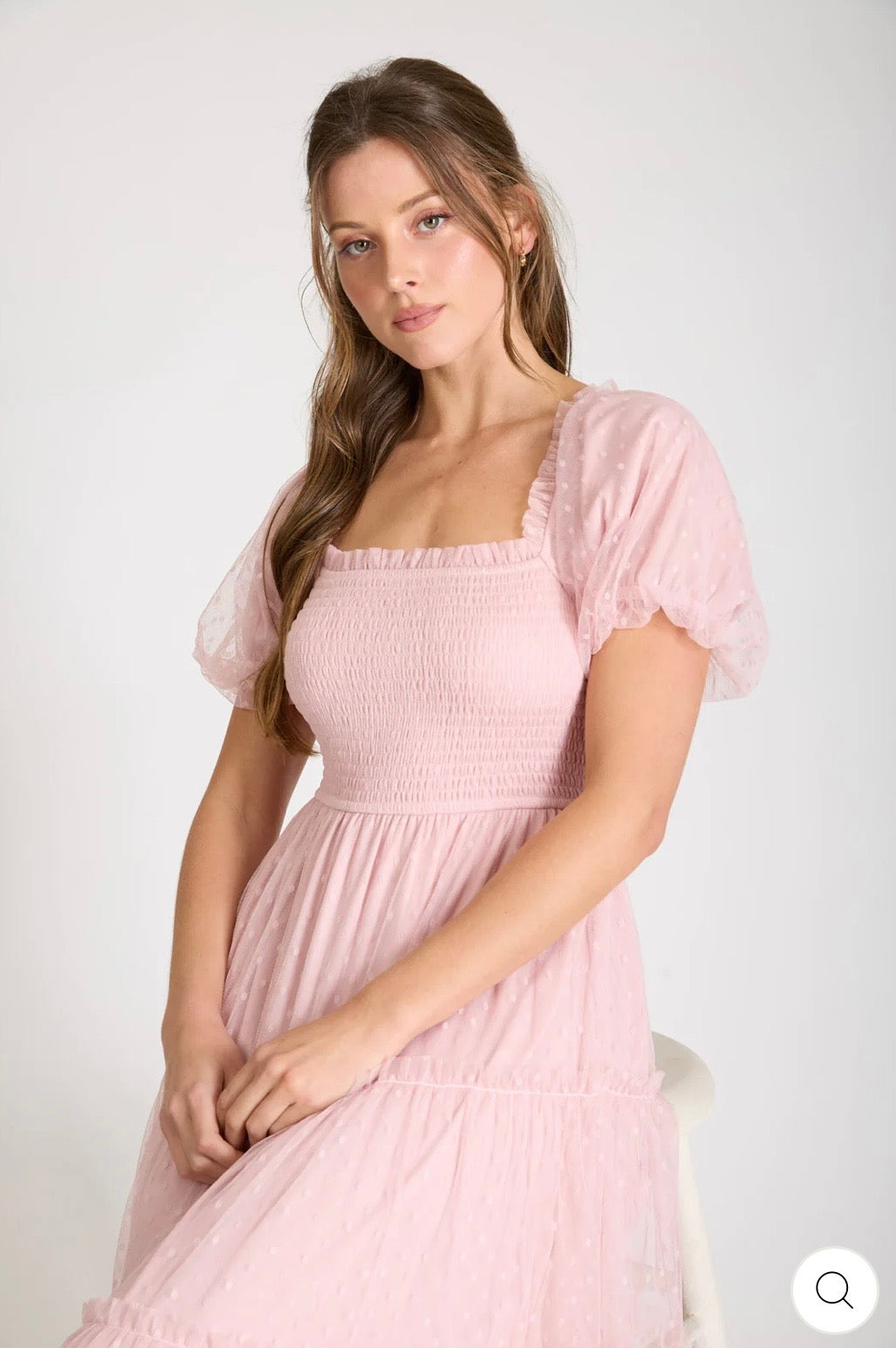 CR2739 POLKA DOT TULLE PUFF SLEEVE SMOCKED TIERED MIDI DRESS