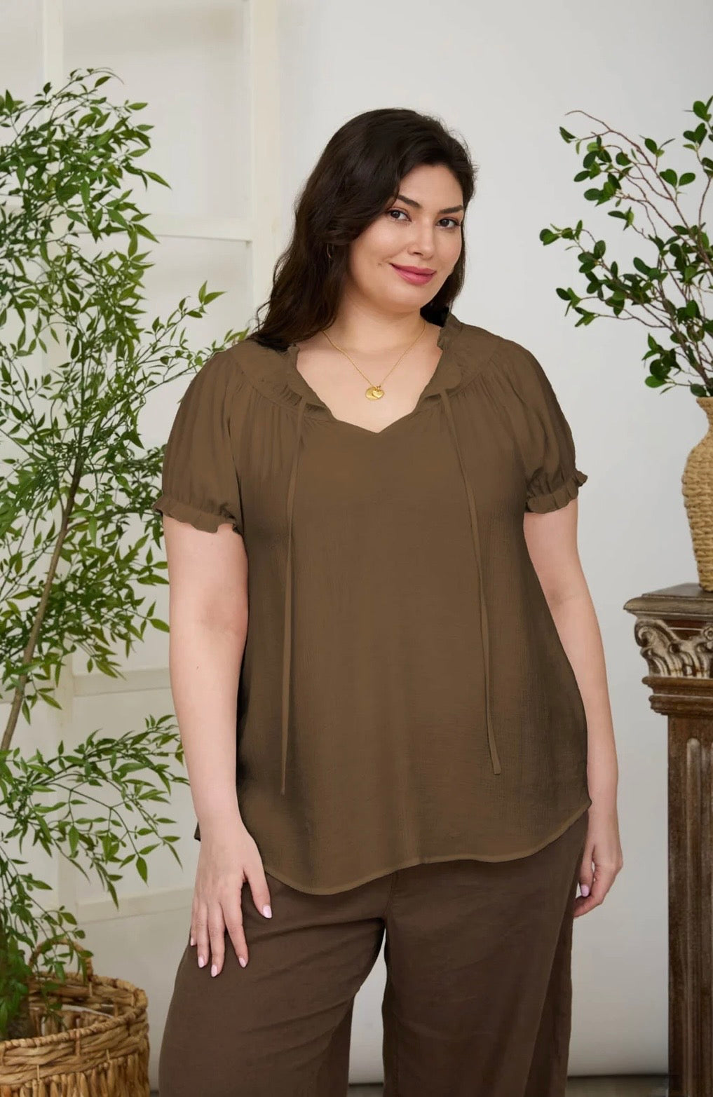 PCR2996 PLUS RUFFLED BOAT NECK FRONT TIE PUFF SLEEVE TOP