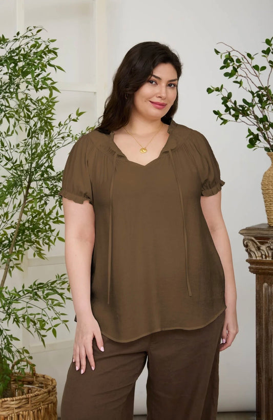 PCR2996 PLUS RUFFLED BOAT NECK FRONT TIE PUFF SLEEVE TOP