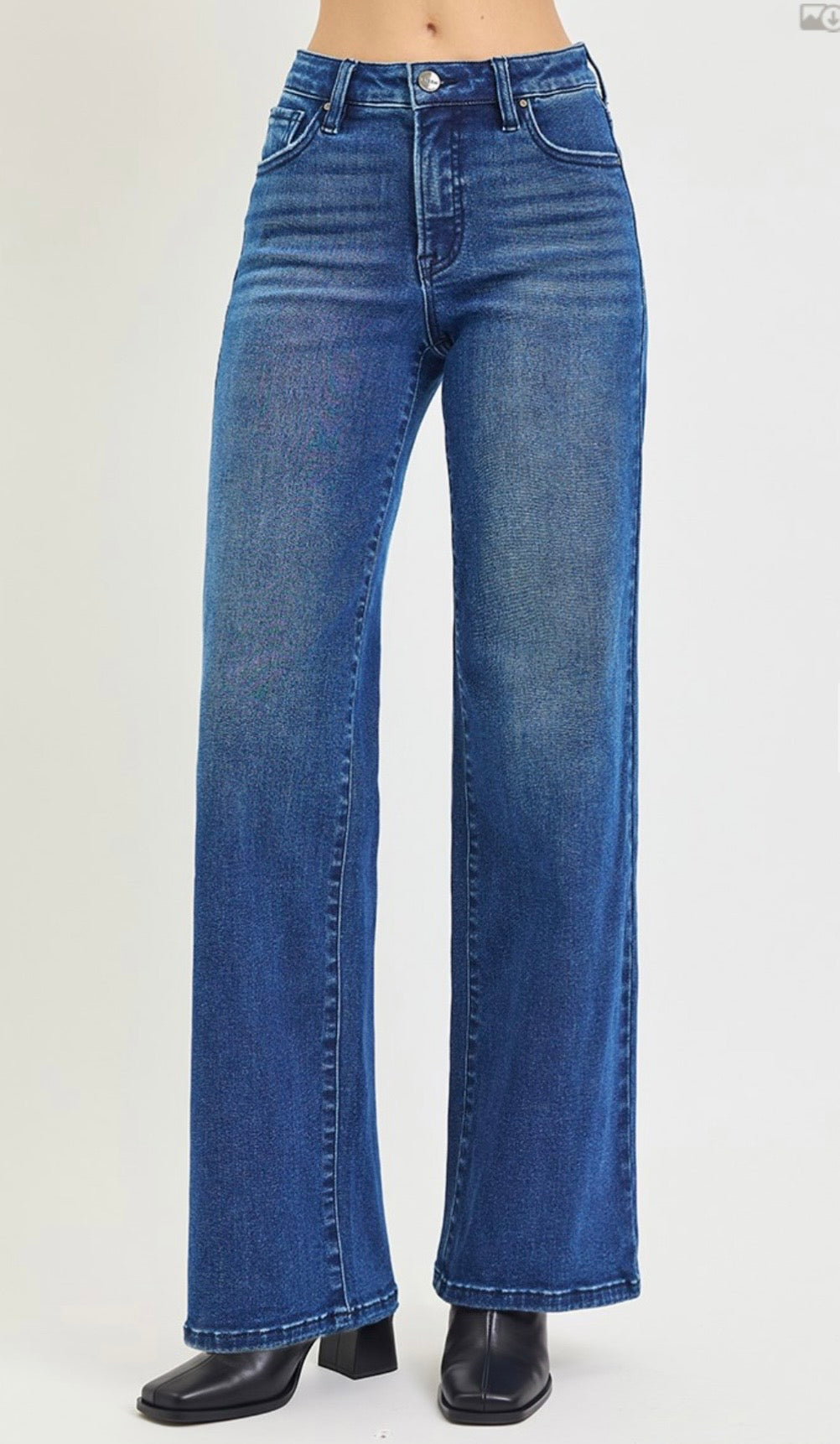 Risen Jeans-High Rise Wide Leg Jeans with Tummy Control and Shield Shaped Pockets