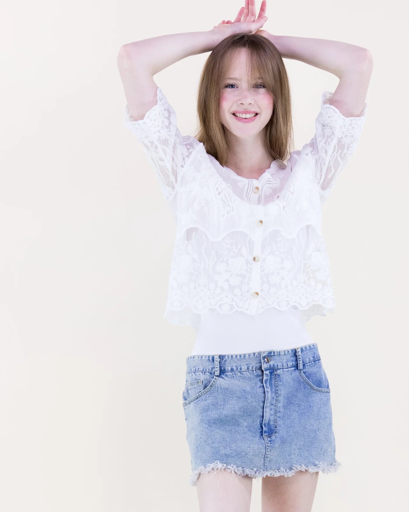 FT85846 Bella Bloom Sheer Lace Blouse-White