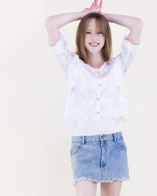 FT85846 Bella Bloom Sheer Lace Blouse-White