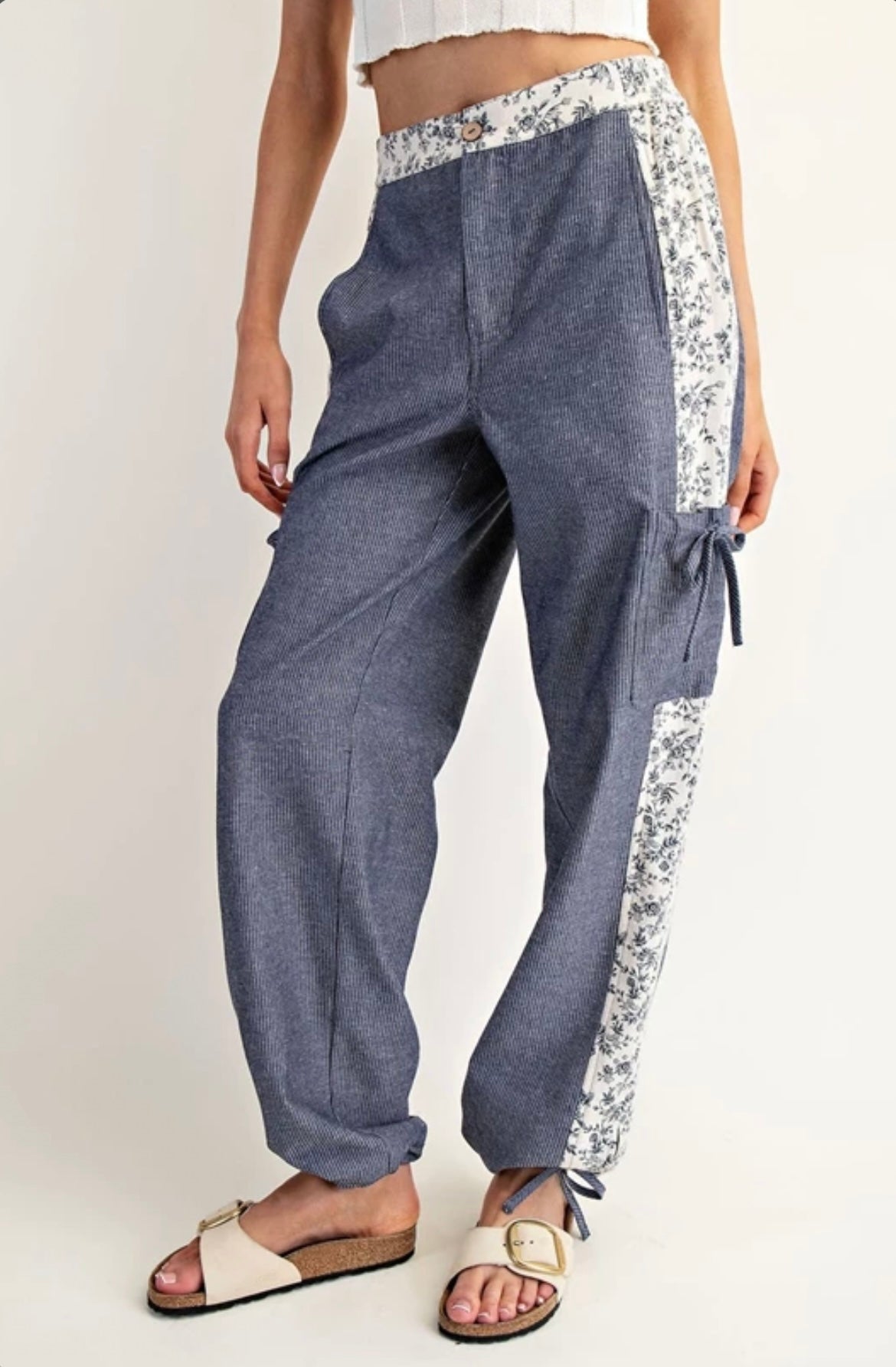 PH15041 Soft Washed Floral Striped Color Block Pants