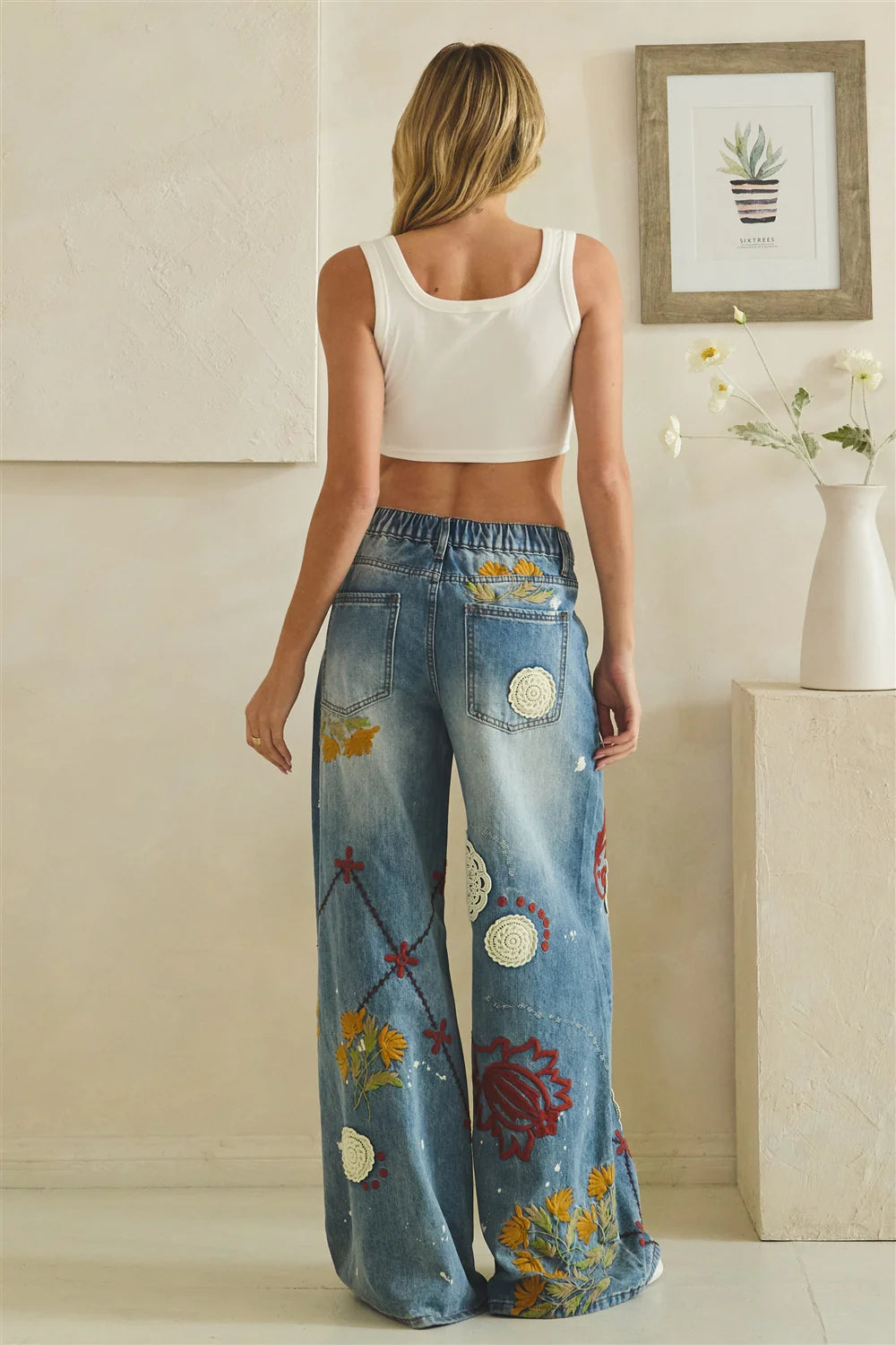 BP1190 Washed Embroidery Wide Leg Denim Jeans