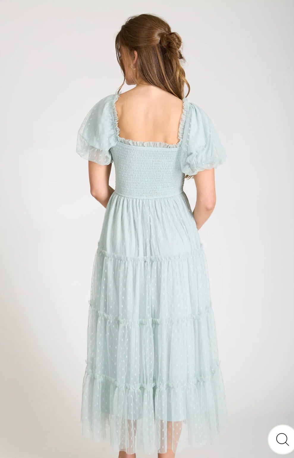 CR2739 POLKA DOT TULLE PUFF SLEEVE SMOCKED TIERED MIDI DRESS
