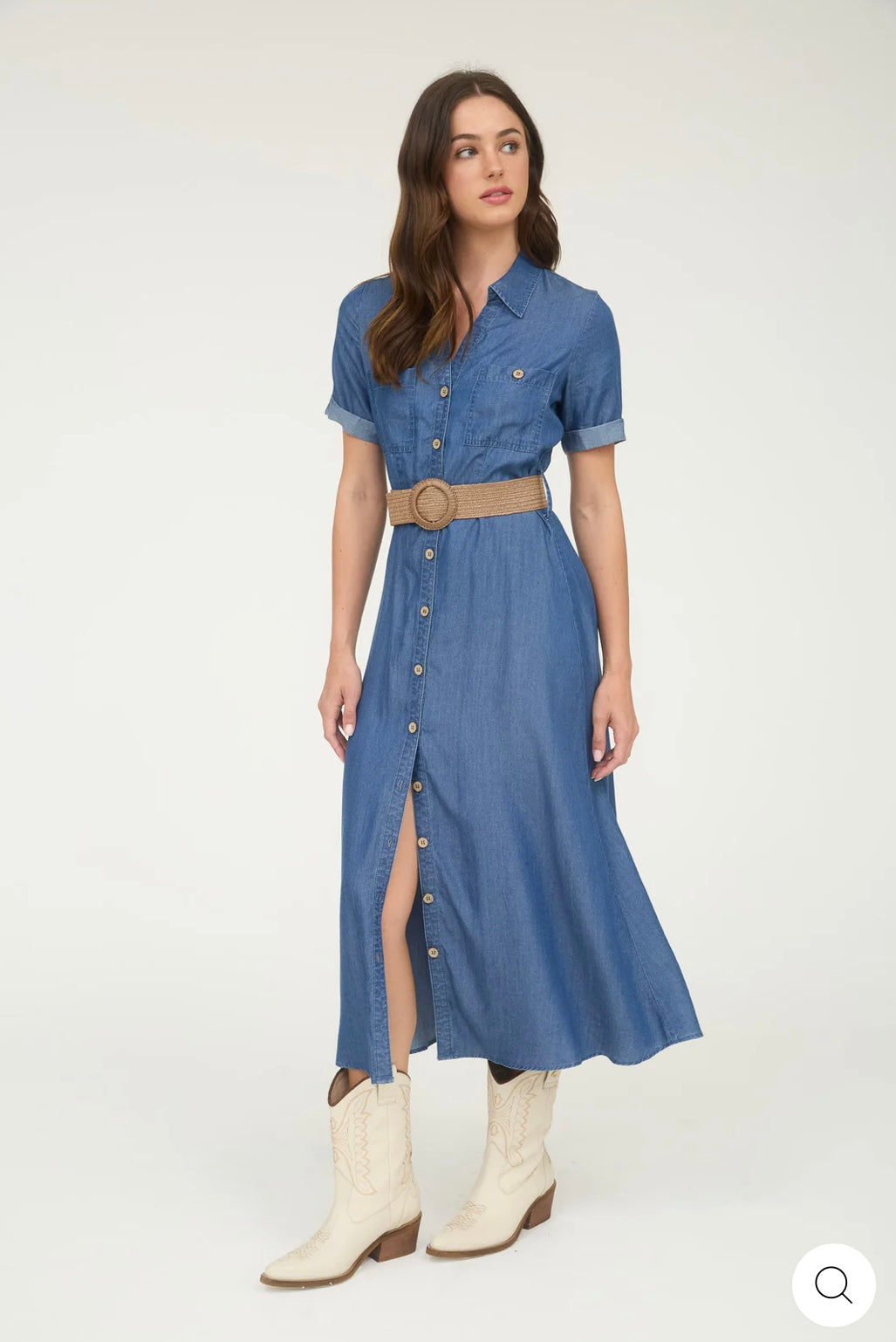 TB9023 CHAMBRAY COLLARED SHORT SLEEVE BELTED SHIRT DRESS