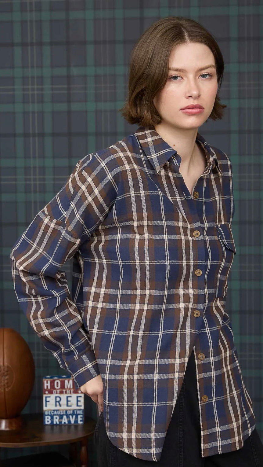 J5ST1030 PLAID BUTTON DOWN POCKET DETAIL LONG SLEEVE SHIRT-Black Only