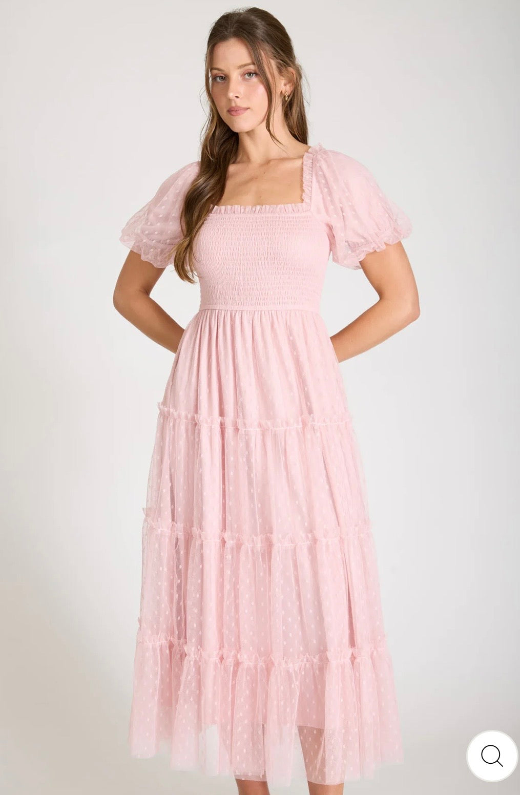 CR2739 POLKA DOT TULLE PUFF SLEEVE SMOCKED TIERED MIDI DRESS