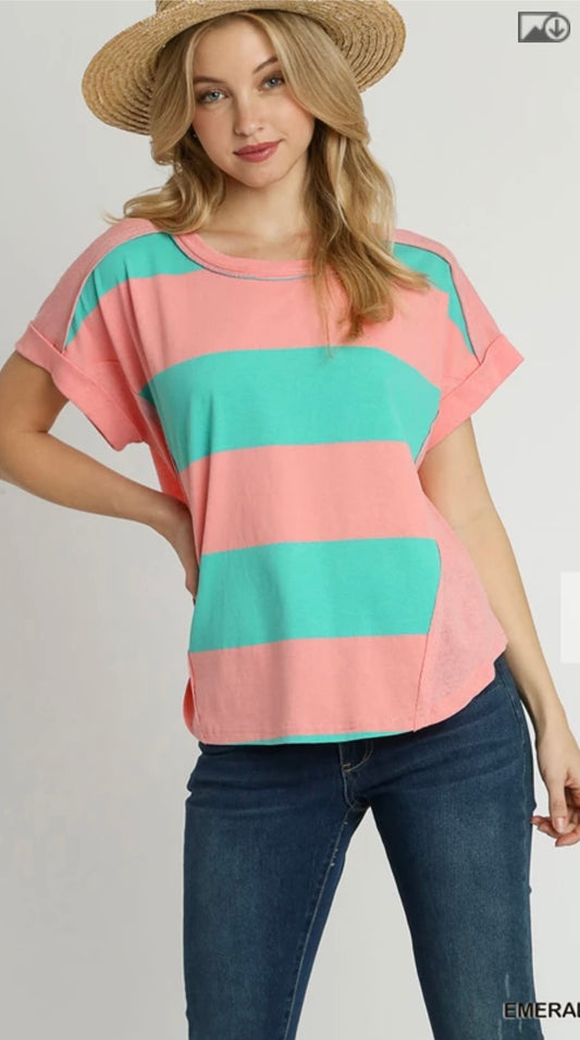 R0957 Stripped Color Block Round Neck Top, Folded Short Sleeves