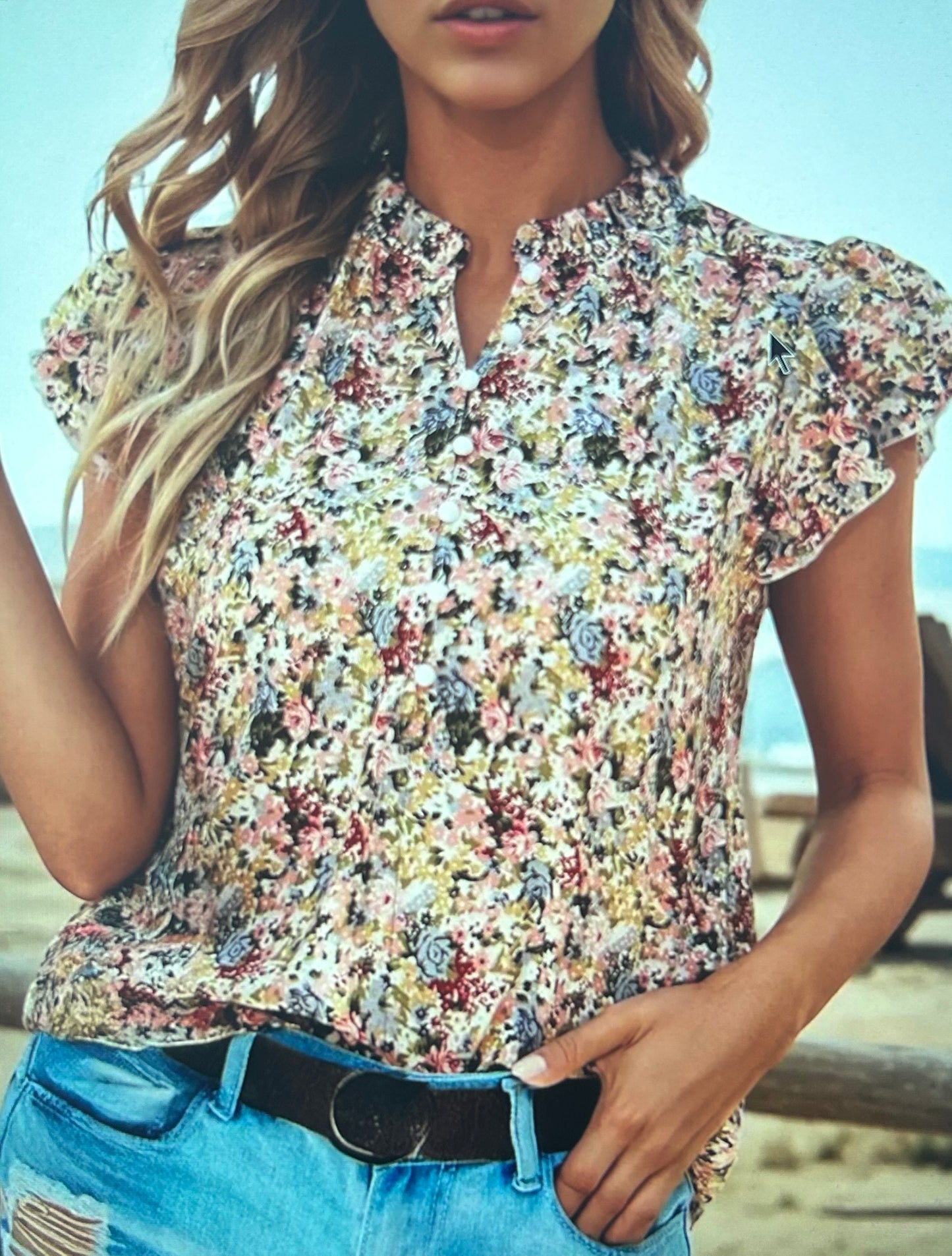FW25127220-P322  Boho Floral Frill Button Neck Ruffle Blouse