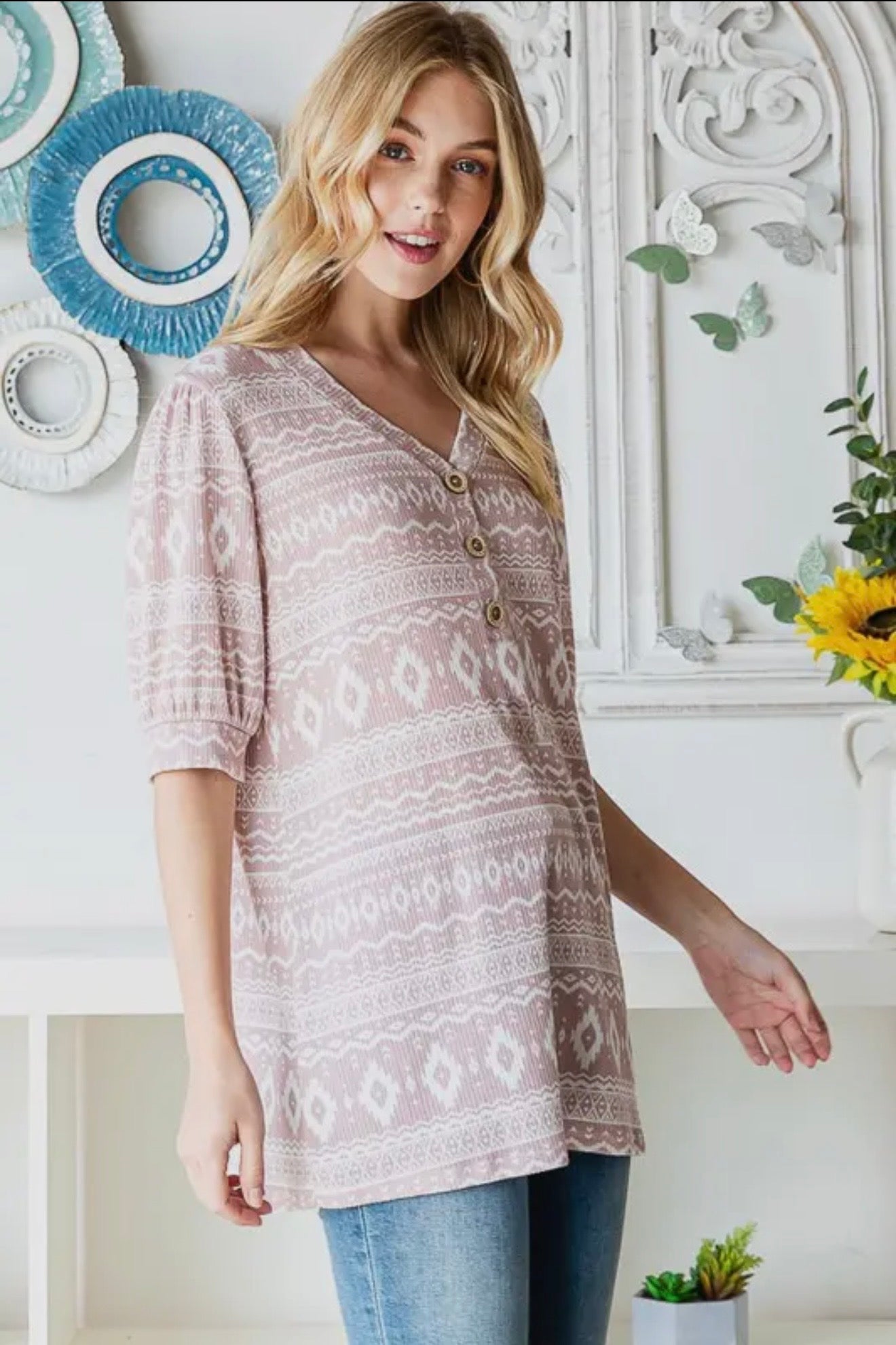 ET7307-10 Soft Blush Boho Button Top