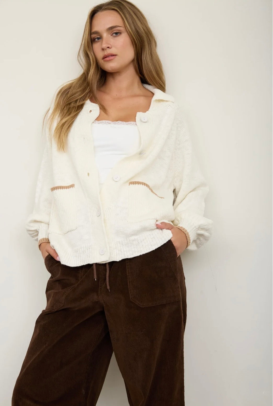 J6FJ1003 COLLARED BUTTON DOWN BACK PUPPY JACQUARD CARDIGAN