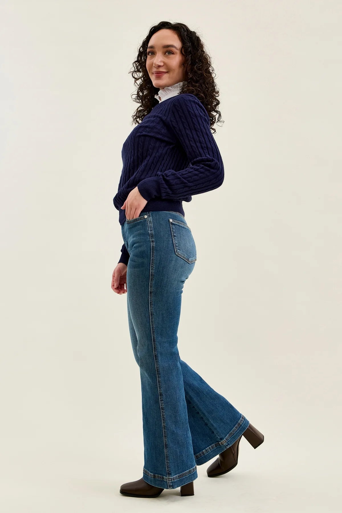 881018PT Petite Flare Tummy Control Double Button High Waist Jean