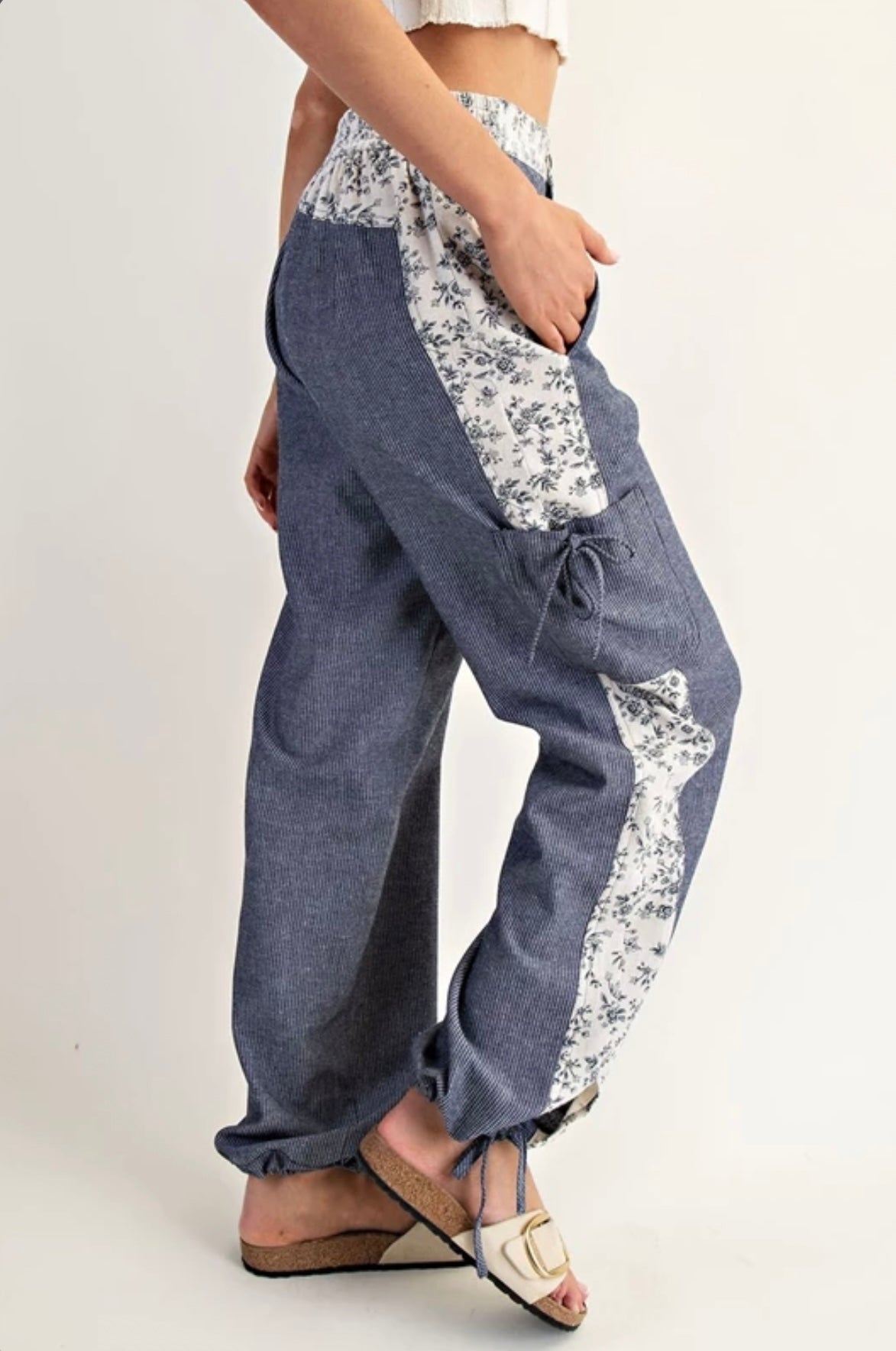 PH15041 Soft Washed Floral Striped Color Block Pants