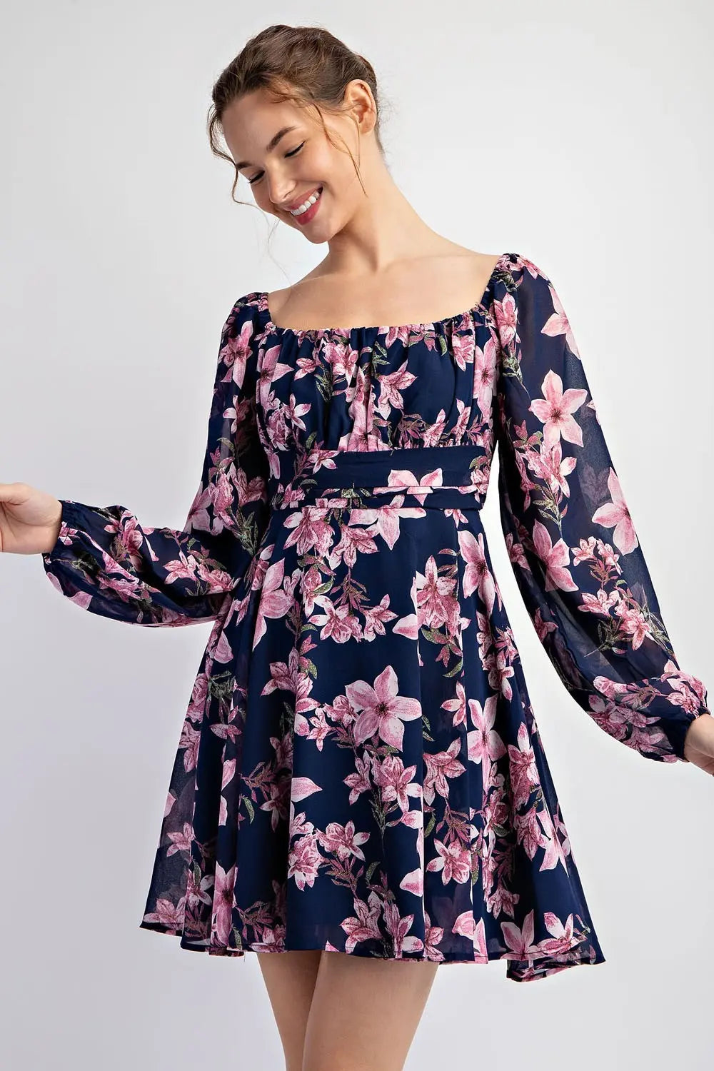 K7872 Floral Open Back Tie Mini Dress