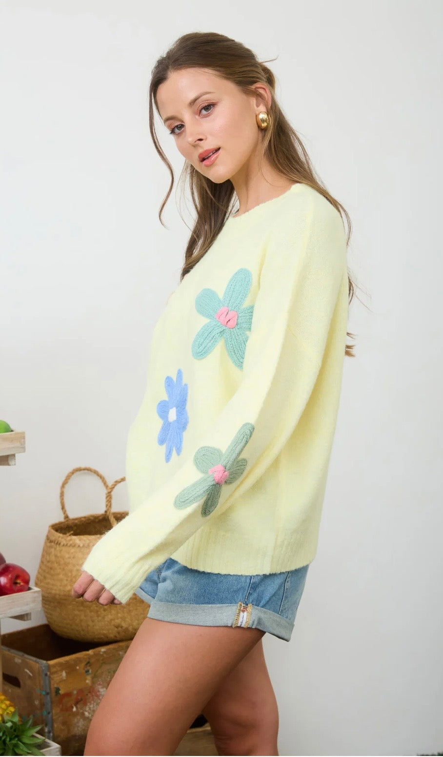 CR2751 MULTI-COLOR CROCHET FLORAL DETAIL KNIT PULLOVER SWEATER -Butter Yellow