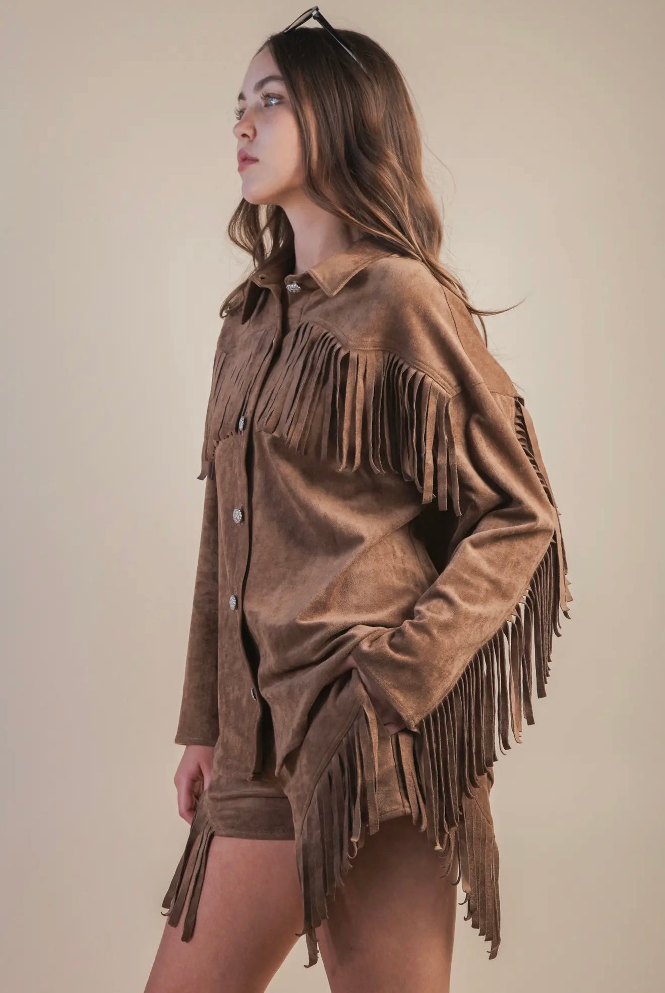 NJ90387 Suede Fringe Detail Western Jacket Shacket