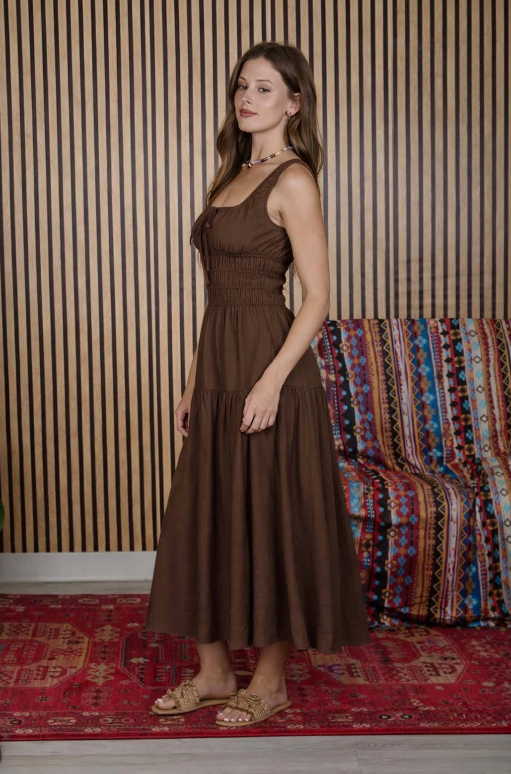 B6SD1099 Satin Front Tie Shirred Waist MIDI Dress