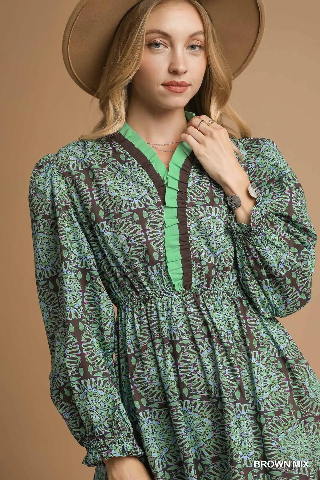 C5472 Two Tone Boho Print Long Sleeve Dress