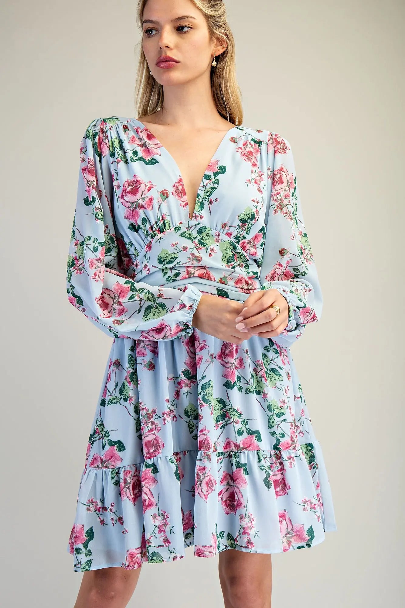 K7479 Floral Print V-Neck Dress