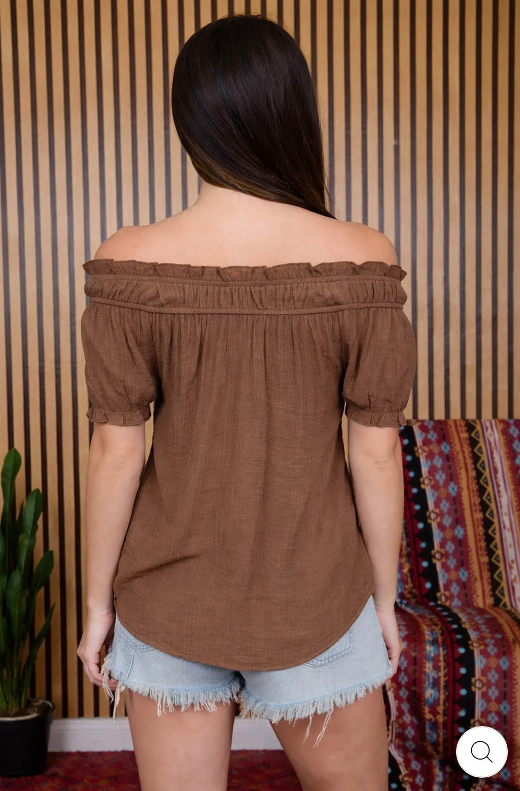 CR2996 Ruffled Boat Neck Front Tie Puff Sleeve Top