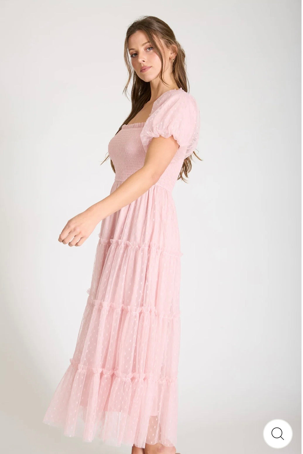 CR2739 POLKA DOT TULLE PUFF SLEEVE SMOCKED TIERED MIDI DRESS